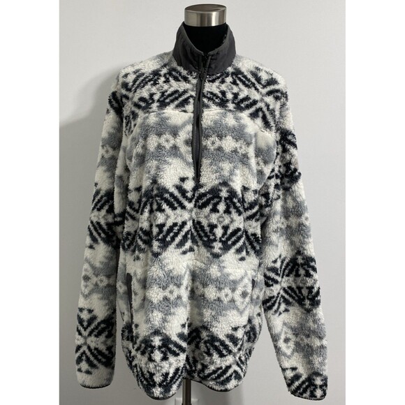 Eddie Bauer Other - Eddie Bauer Pullover Mens Large Tall White Gray Black Plush Fuzzy Cozy Jacket